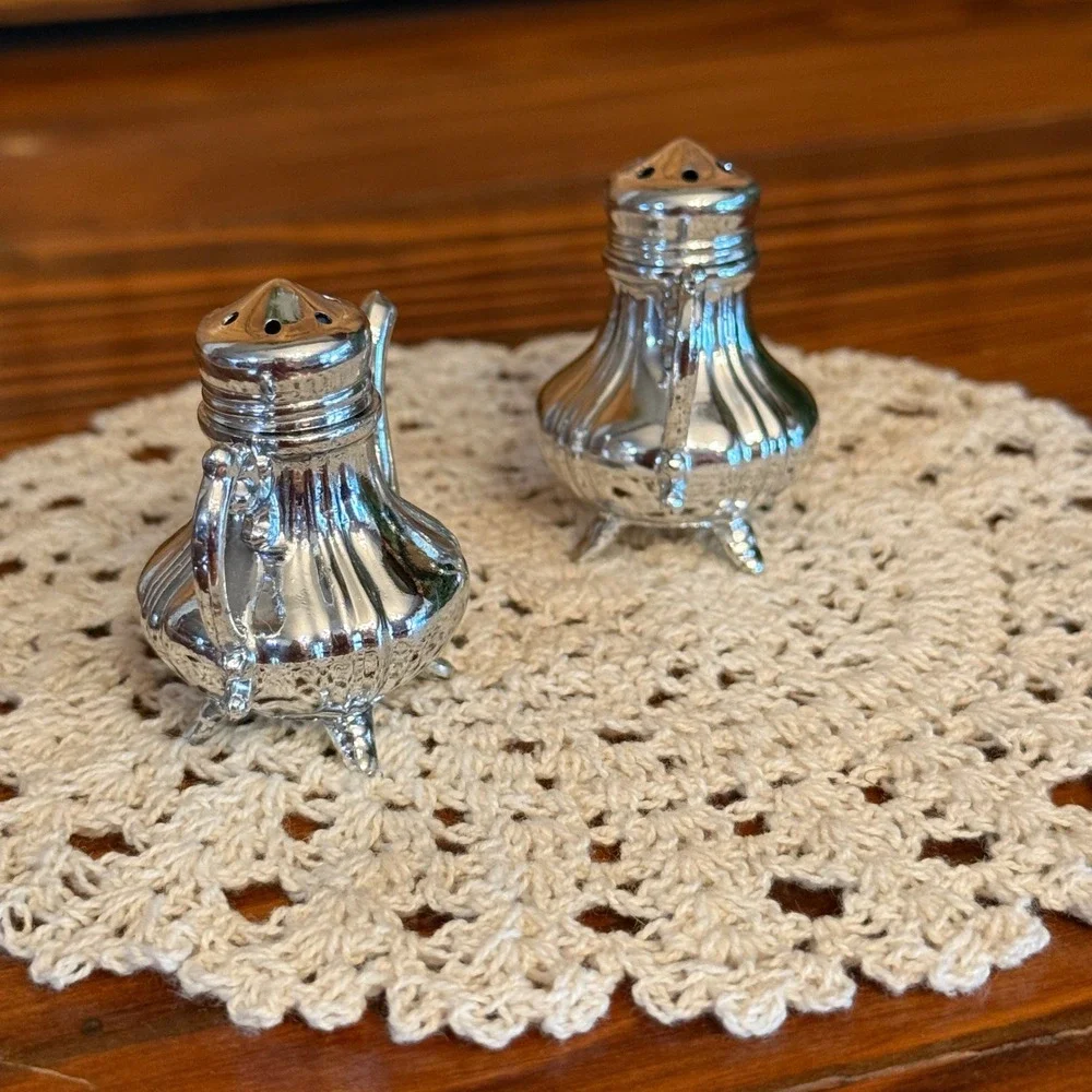 Swan Logo Teapot Salt and Pepper Shakers Silver Plated Japan Vintage Excellent